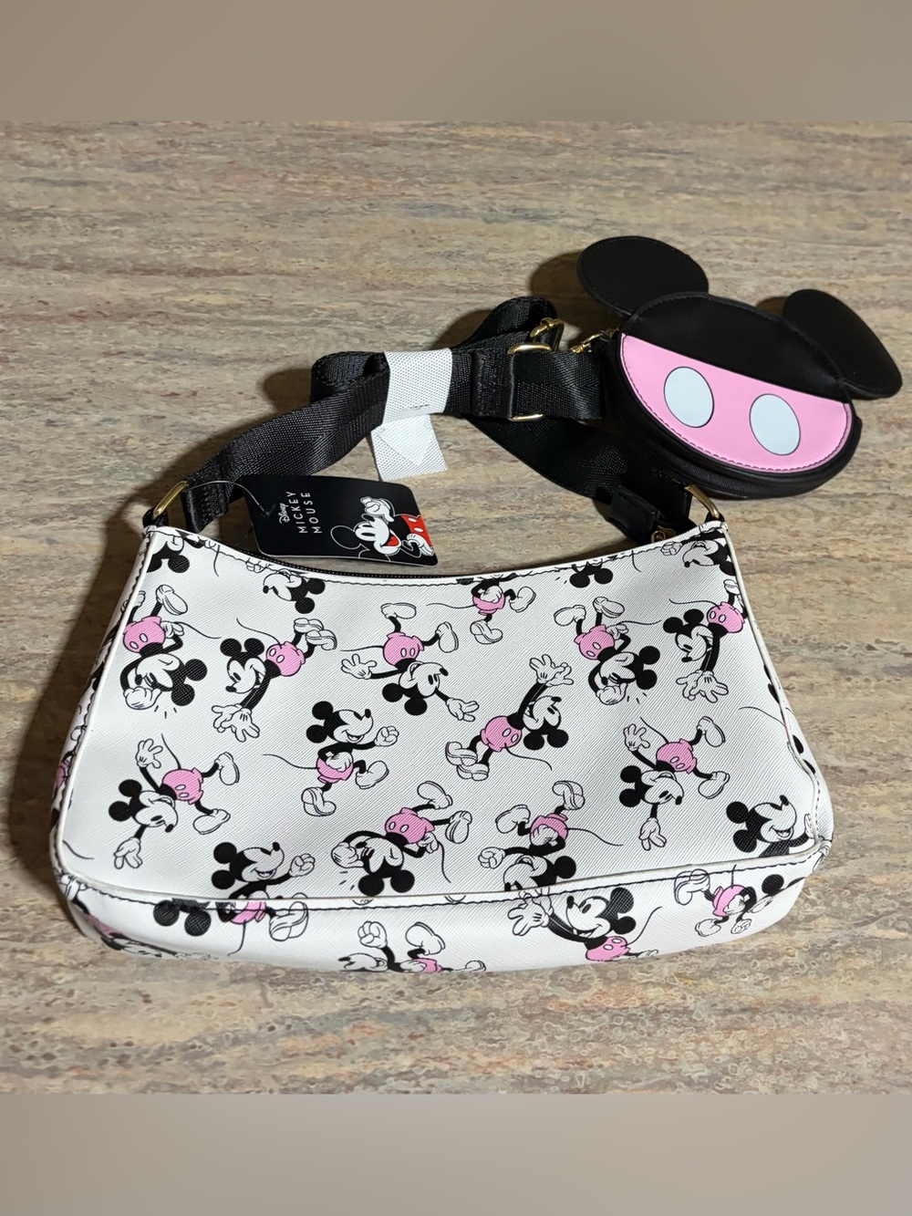 NWT Disney White, Black & Pink Mickey Mouse Crossbody bag with Coin Purse Set
